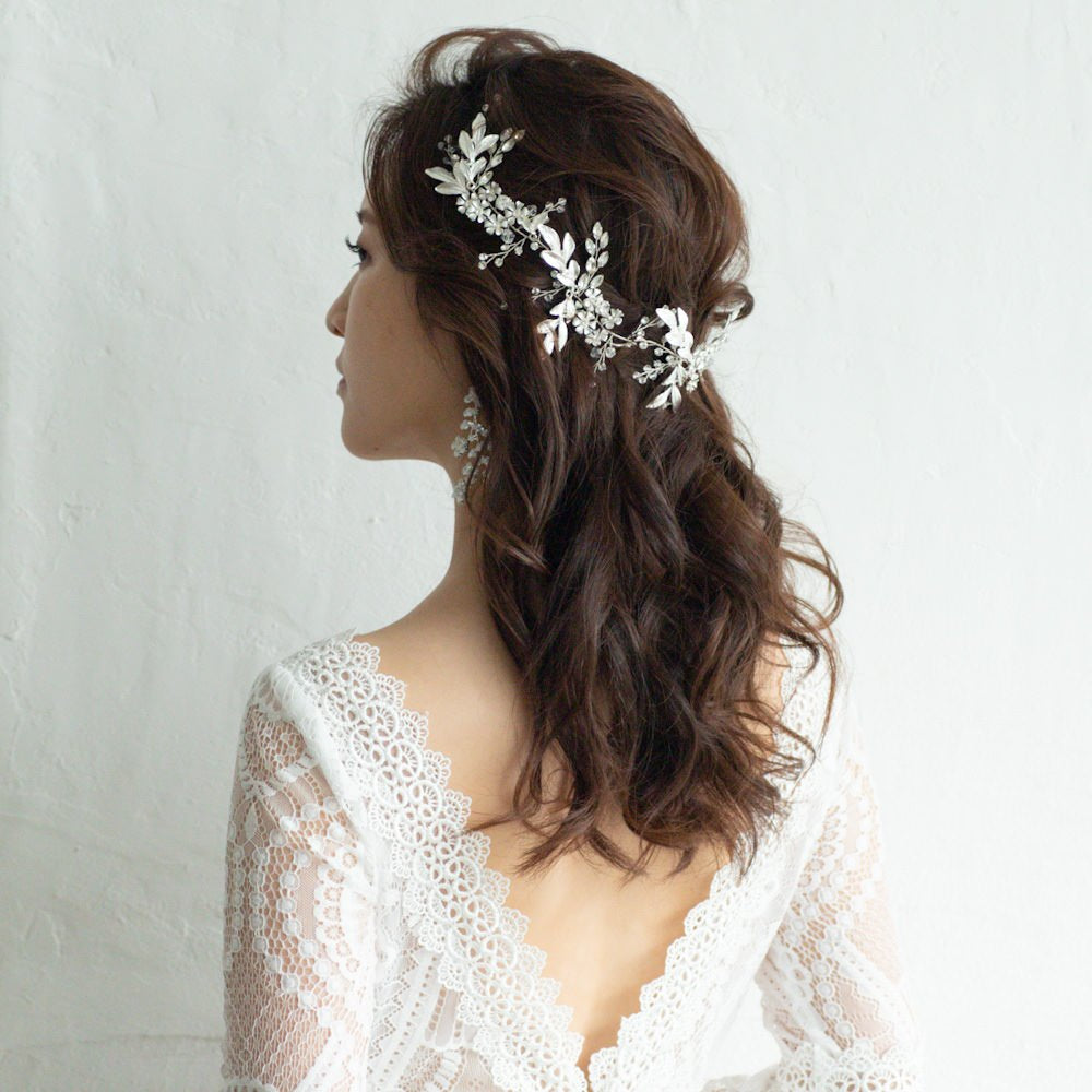 小枝カチューシャ ブライダルヘッドドレス ビジュー リーフ シルバー r19 【結婚式 ヘアアクセサリー】