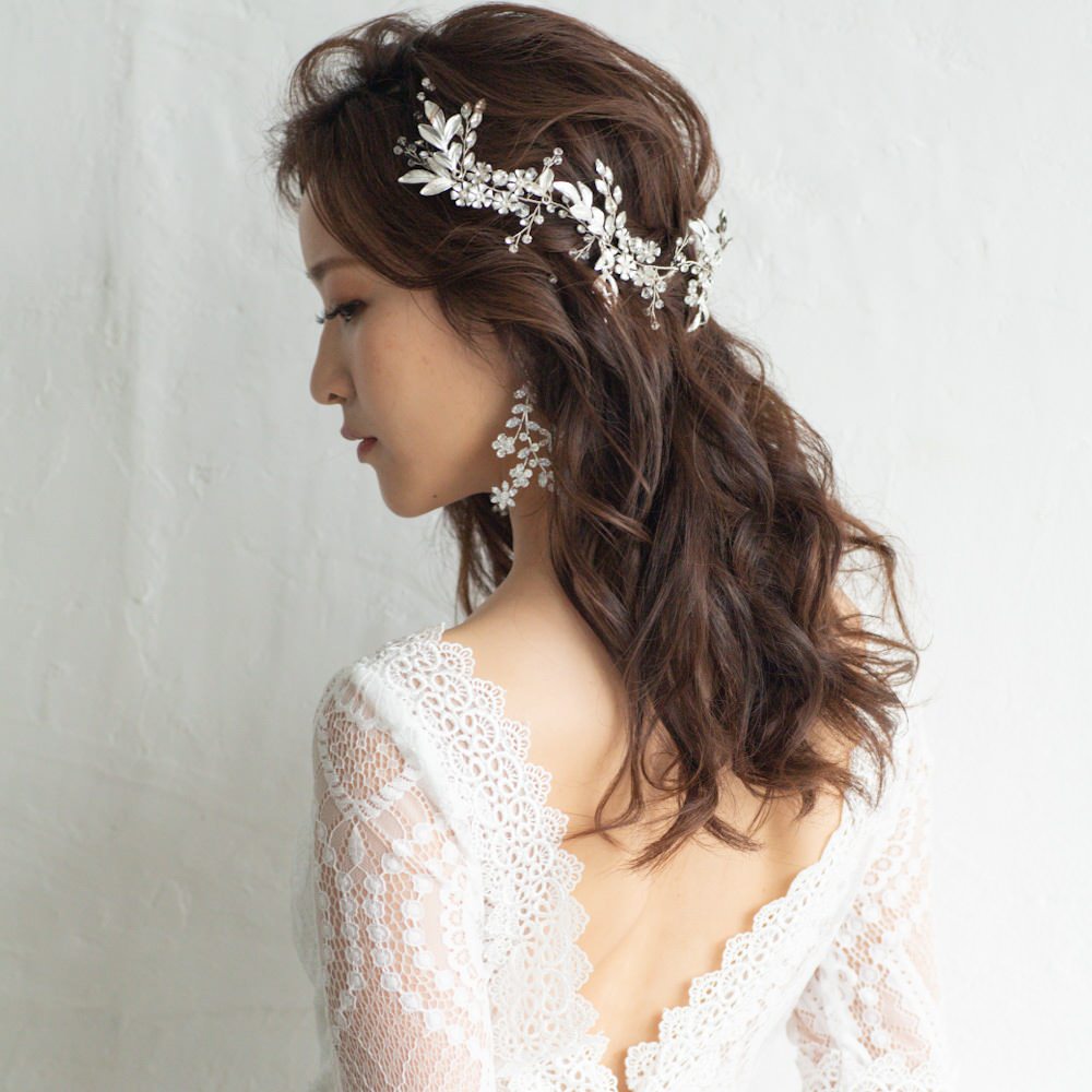 小枝カチューシャ ブライダルヘッドドレス ビジュー リーフ シルバー r19 【結婚式 ヘアアクセサリー】