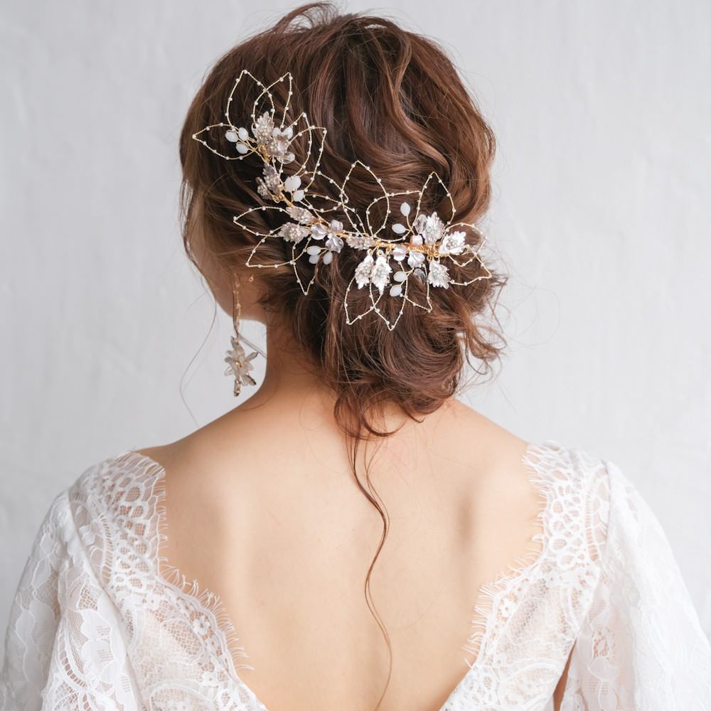 ブライダルヘッドドレス ビジュー リーフ ボンネ ゴールド r22 【結婚式 ヘアアクセサリー】
