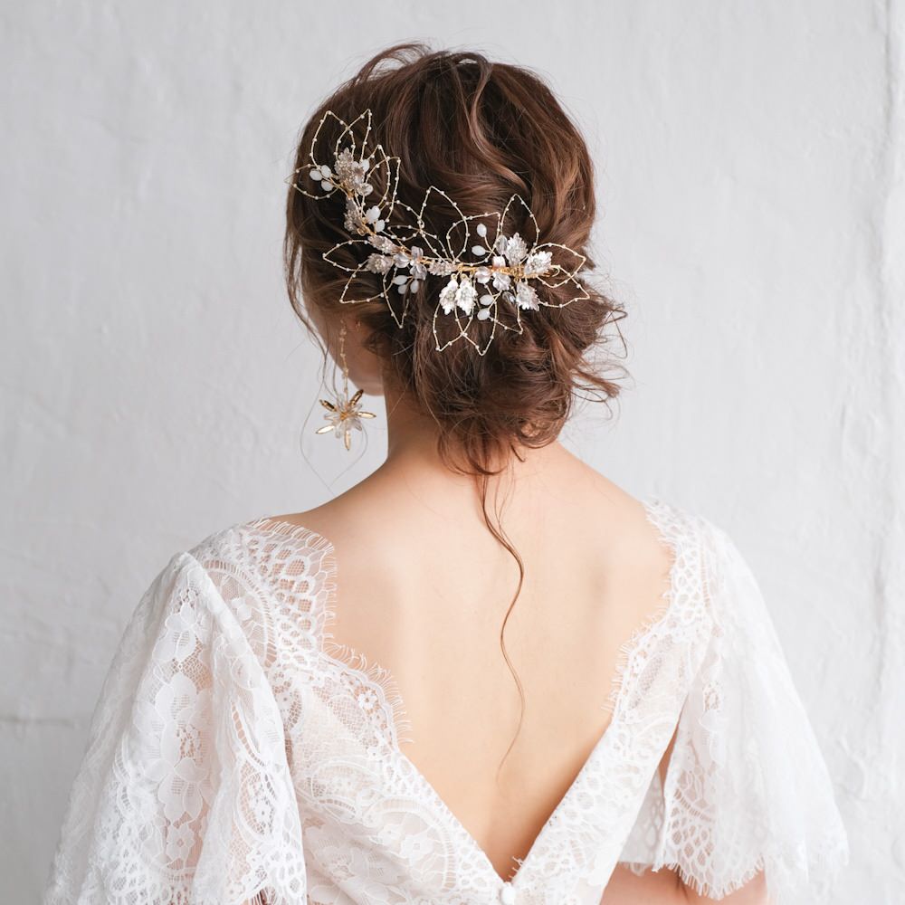 ブライダルヘッドドレス ビジュー リーフ ボンネ ゴールド r22 【結婚式 ヘアアクセサリー】