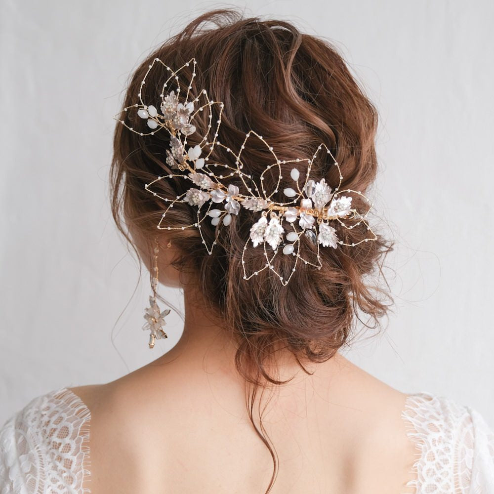 ブライダルヘッドドレス ビジュー リーフ ボンネ ゴールド r22 【結婚式　ヘアアクセサリー】