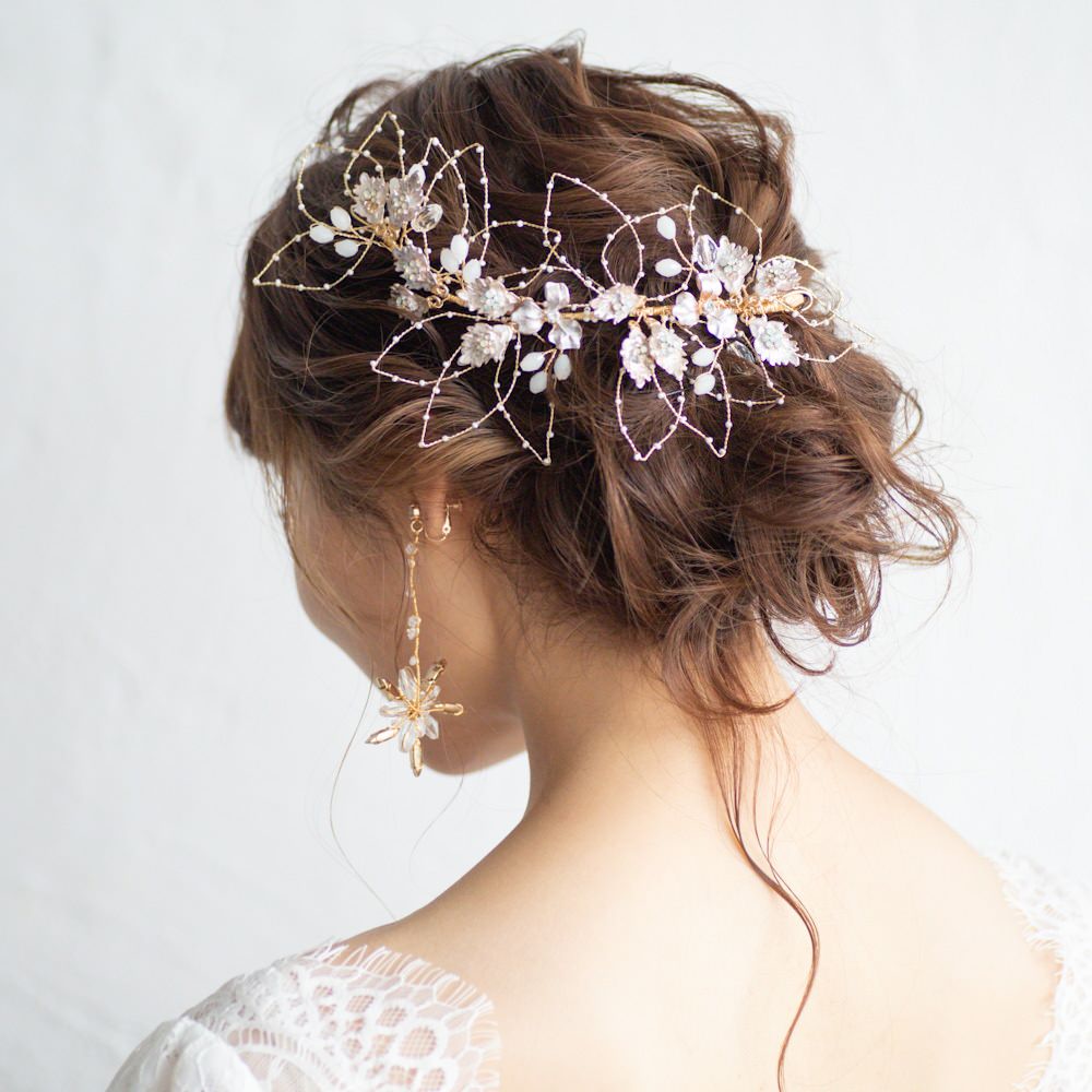 ブライダルヘッドドレス ビジュー リーフ ボンネ ゴールド r22 【結婚式　ヘアアクセサリー】