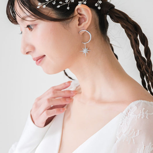 【ピアス】ブライダル ビジュー ムーン スター シルバー v13【結婚式 ピアス イヤリング】