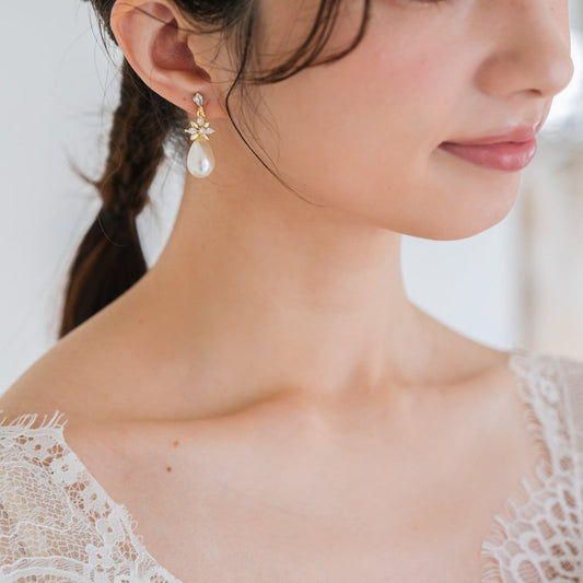 【ピアス】ジルコニア パール ブライダル ゴールド v38【結婚式 ピアス イヤリング】