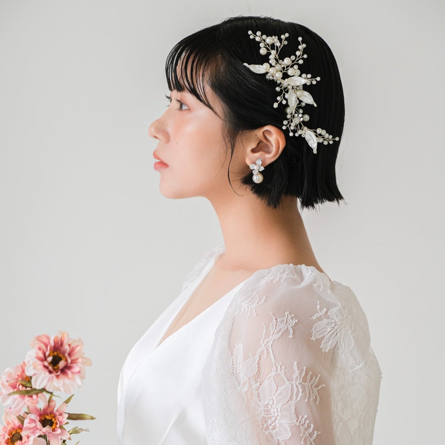 【ヘッドドレス】ブライダルヘッドドレスパールリーフシルバーv52【結婚式　ヘアアクセサリー】