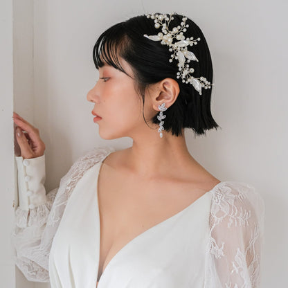 【ヘッドドレス】ブライダルヘッドドレスパールリーフシルバーv52【結婚式　ヘアアクセサリー】