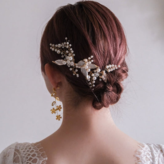【ヘッドドレス】ブライダルヘッドドレスパールリーフゴールドv53【結婚式 ヘアアクセサリー】