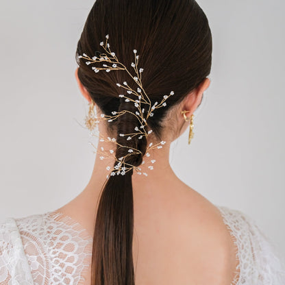 【ヘッドドレス】ブライダルヘッドドレス小枝カチューシャホワイトビーズゴールドv57【結婚式　ヘアアクセサリー】