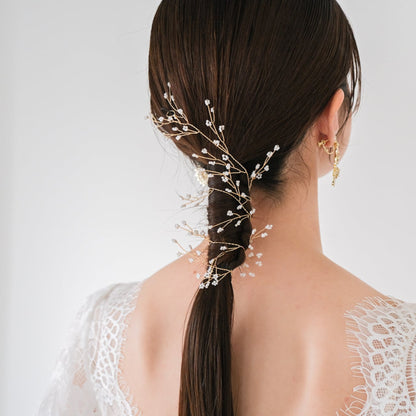 【ヘッドドレス】ブライダルヘッドドレス小枝カチューシャホワイトビーズゴールドv57【結婚式　ヘアアクセサリー】