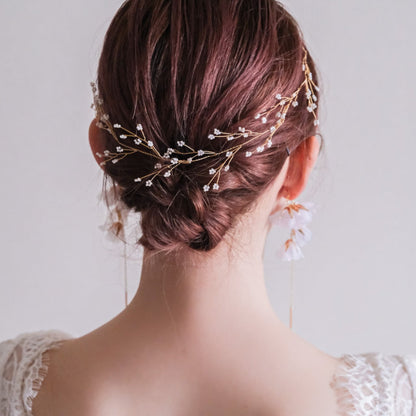 【ヘッドドレス】ブライダルヘッドドレス小枝カチューシャホワイトビーズゴールドv57【結婚式　ヘアアクセサリー】