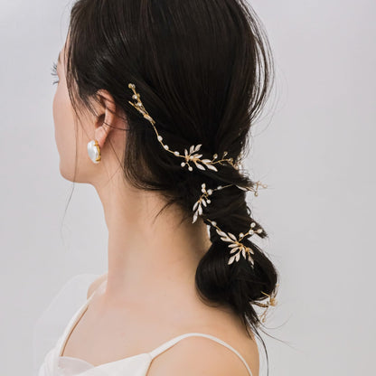 【ヘッドドレス】ブライダルヘッドドレス小枝カチューシャパールリーフゴールドv59【結婚式　ヘアアクセサリー】