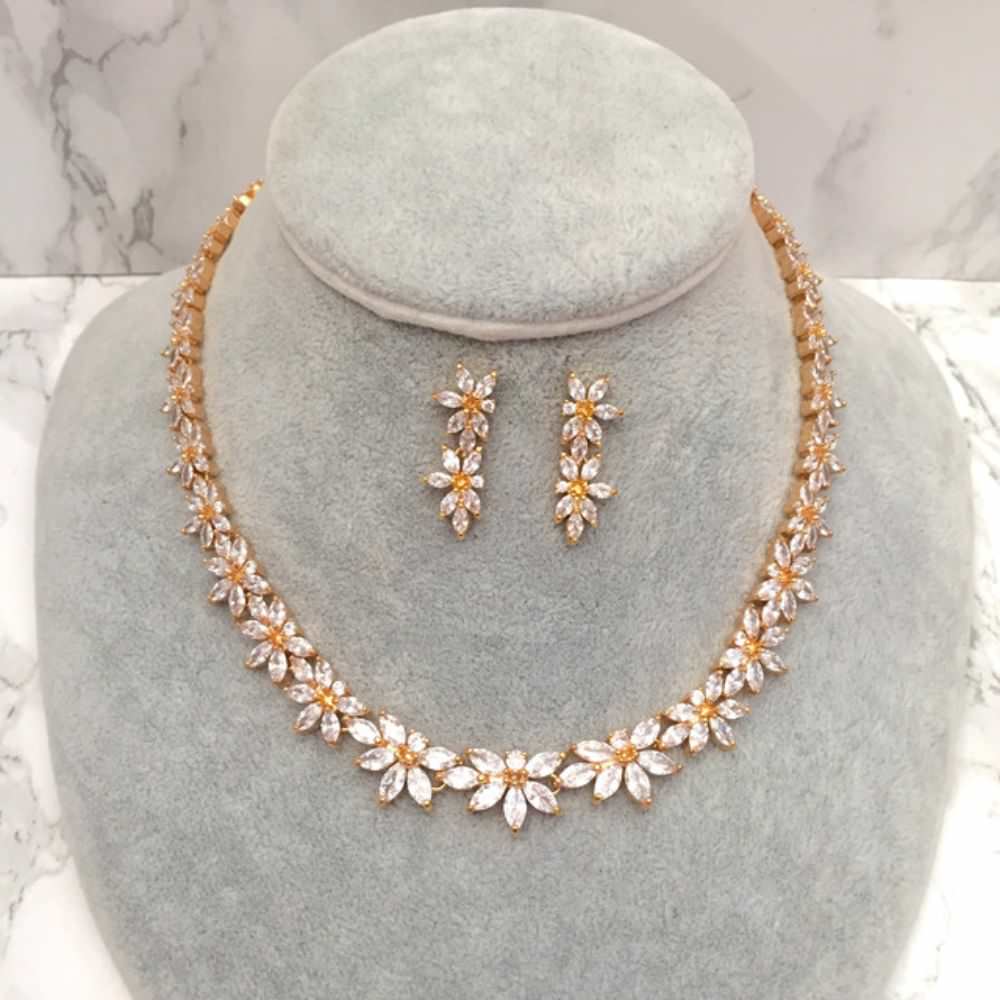 flower gold ジルコニアネックレス&ピアスゴールドセット/ブライダルアクセサリー 【結婚式 アクセサリーセット】