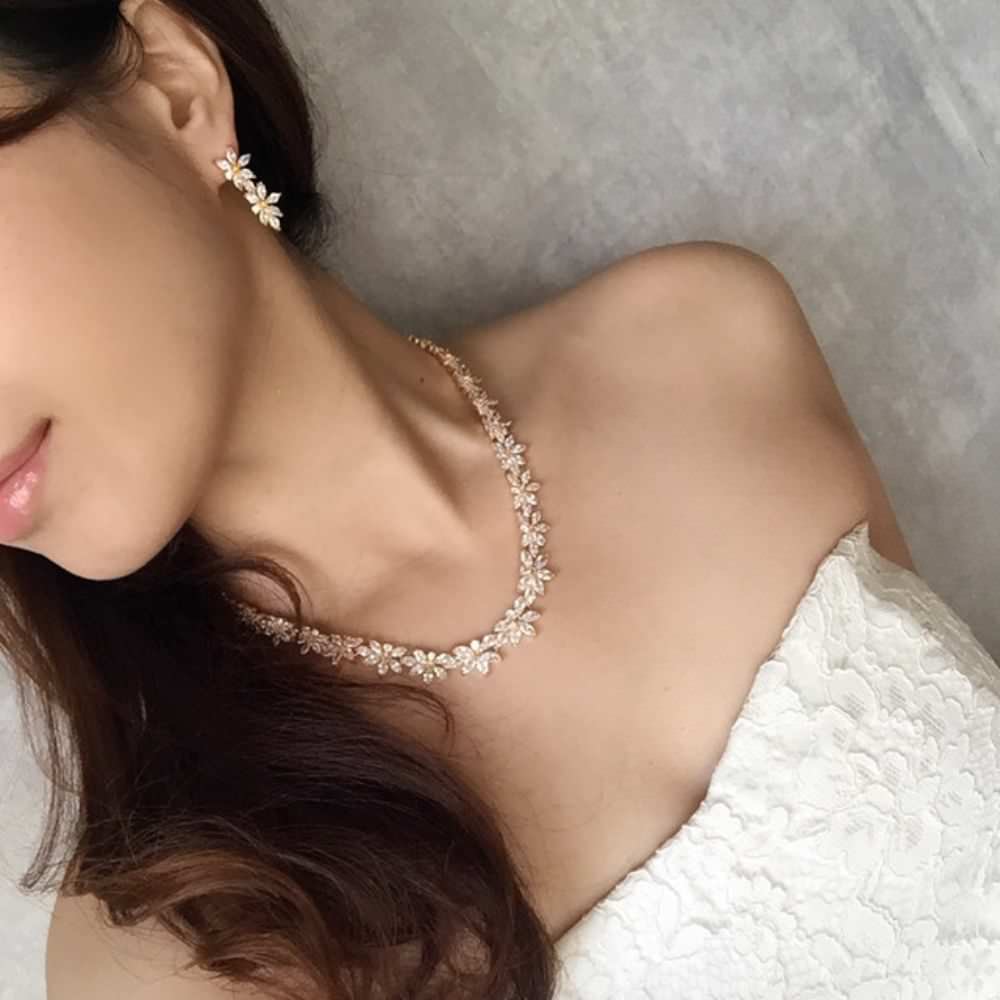 flower gold ジルコニアネックレス&ピアスゴールドセット/ブライダル