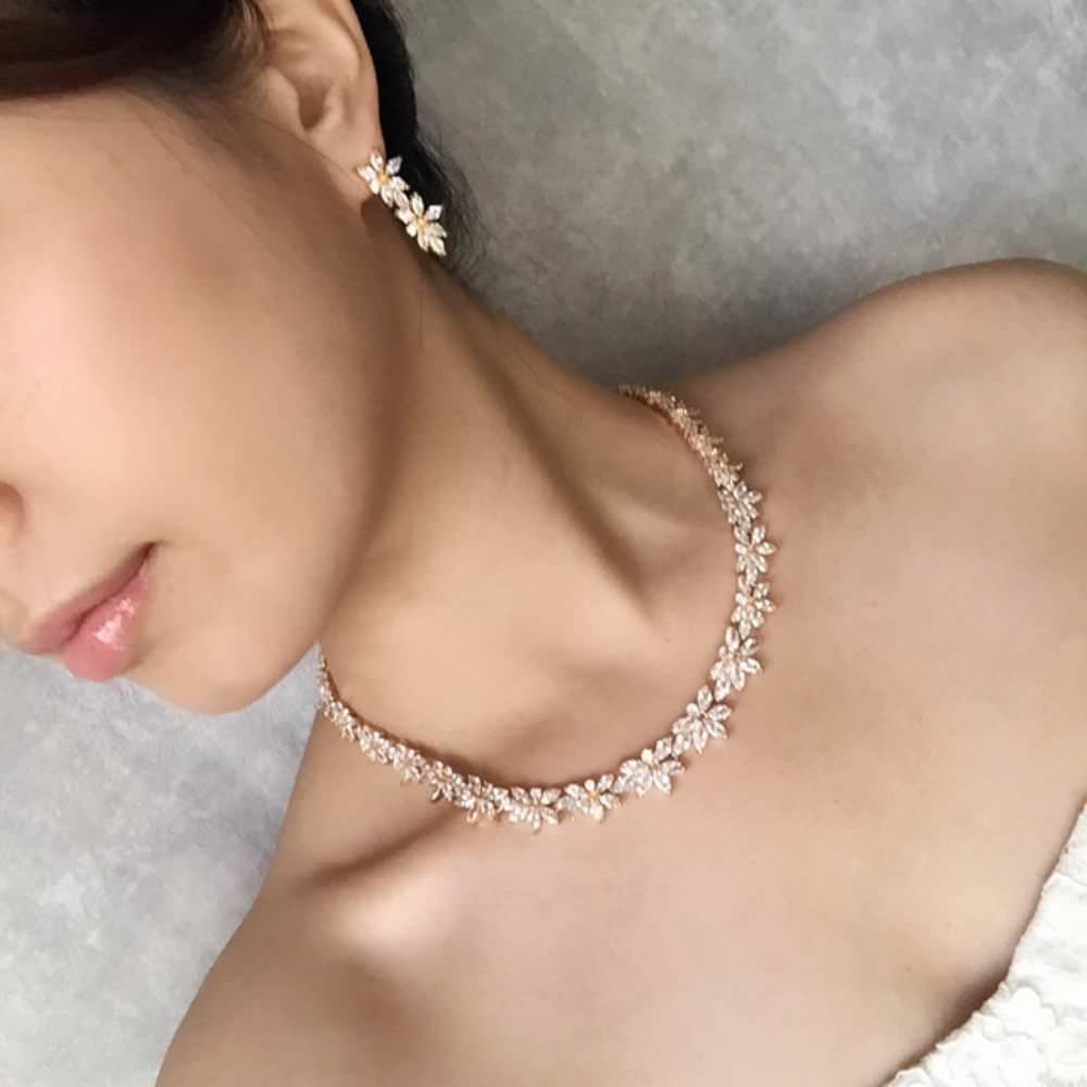 flower gold ジルコニアネックレス&ピアスゴールドセット/ブライダル