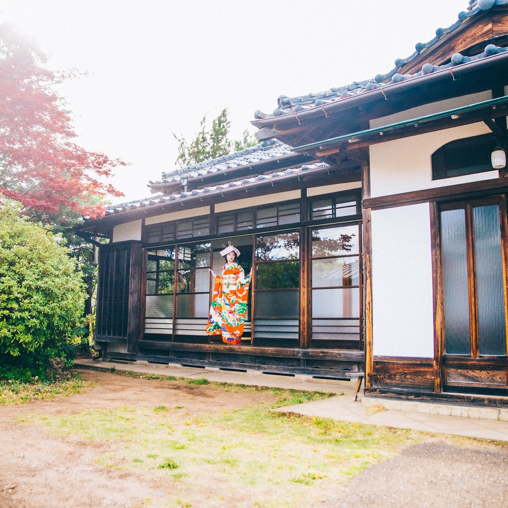 アンティーク振袖　朱赤地/鶴に松竹梅 【結婚式　和装　引き振袖　レンタル】