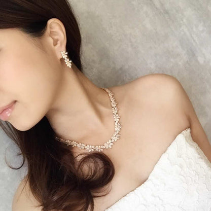 flower gold ジルコニアネックレス&ピアスゴールドセット/ブライダルアクセサリー 【結婚式 アクセサリーセット】