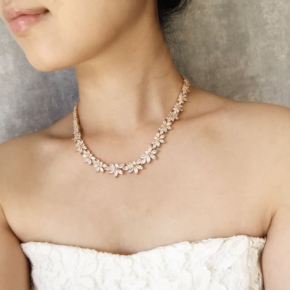 flower gold ジルコニアネックレス&ピアスゴールドセット/ブライダル