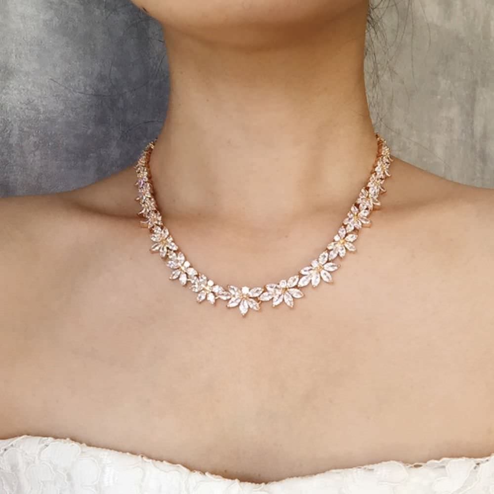 flower gold ジルコニアネックレス&ピアスゴールドセット/ブライダルアクセサリー 【結婚式 アクセサリーセット】