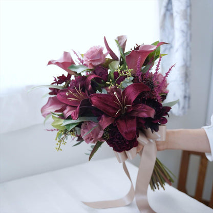 ワインレッドとモーブピンクのブーケ【結婚式　フワラー　アーティフィシャルフラワー　ブーケ　ブートニア】