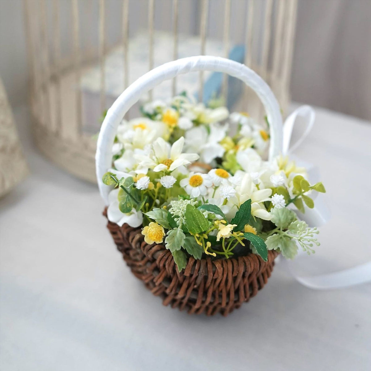 黄色のデージーとカスミソウのリングピロー【結婚式　リングピロー】