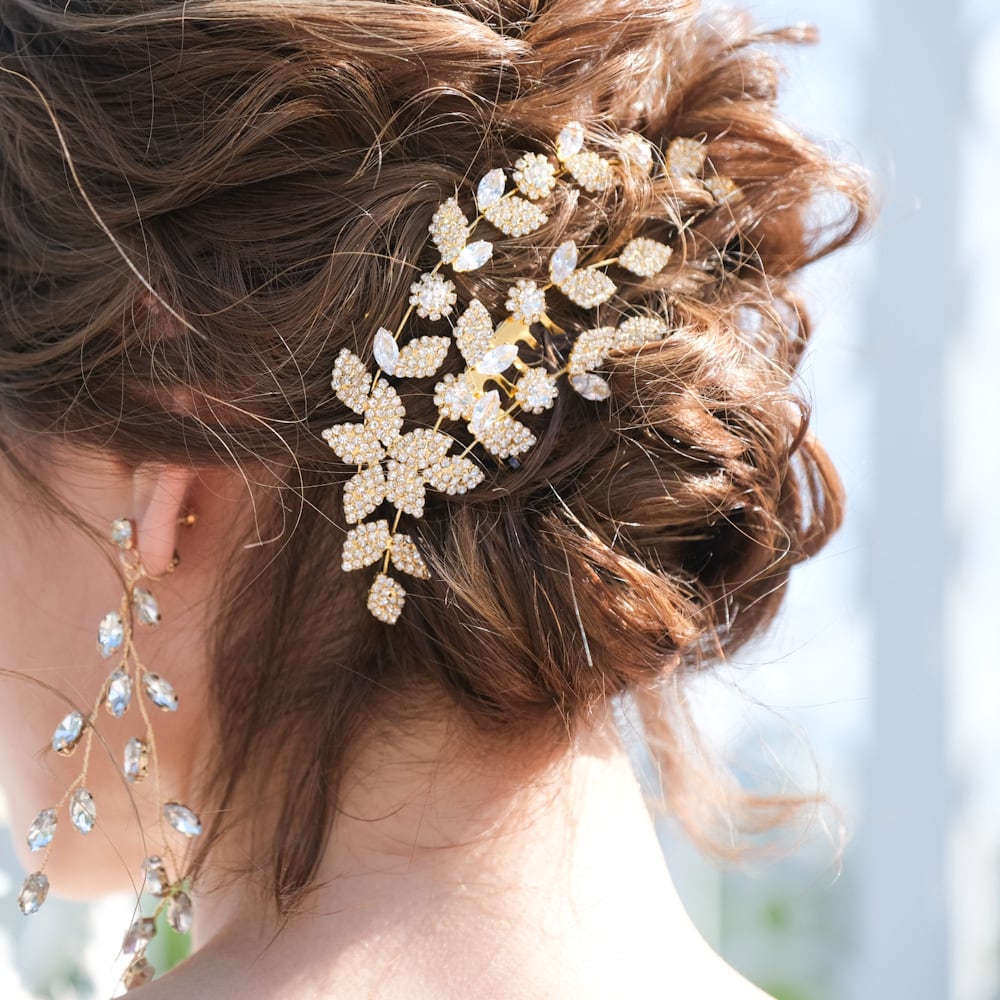 ブライダルヘッドドレス ビジュー ジルコニア リーフ ゴールド r28 【結婚式 ヘアアクセサリー】
