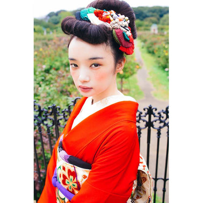 アンティーク復刻振袖 朱赤地/波間に若松と竹 【結婚式 和装 引き振袖 レンタル】