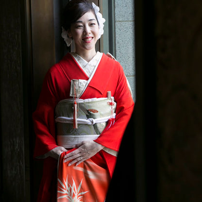 アンティーク復刻振袖 朱赤地/波間に若松と竹 【結婚式 和装 引き振袖 レンタル】