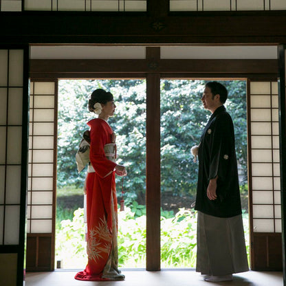 アンティーク復刻振袖 朱赤地/波間に若松と竹 【結婚式 和装 引き振袖 レンタル】