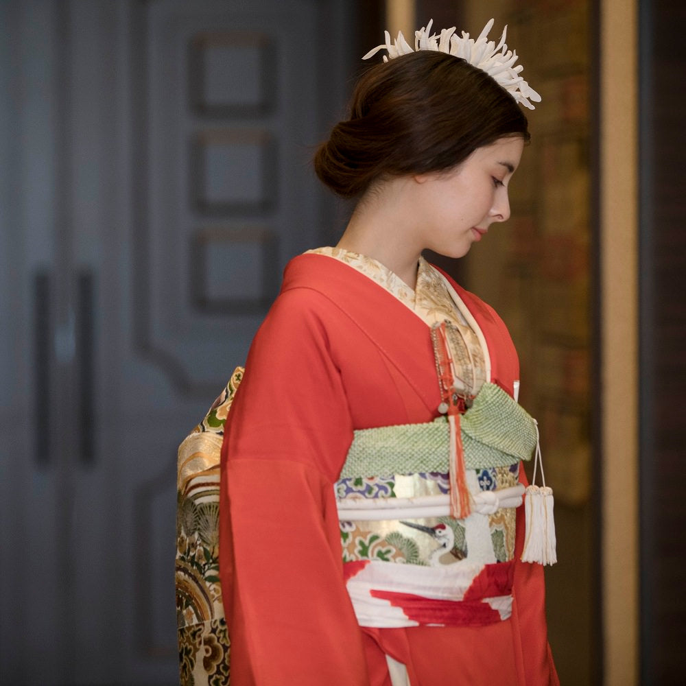 アンティーク復刻振袖 朱赤地/波間に若松と竹 【結婚式 和装 引き振袖 レンタル】