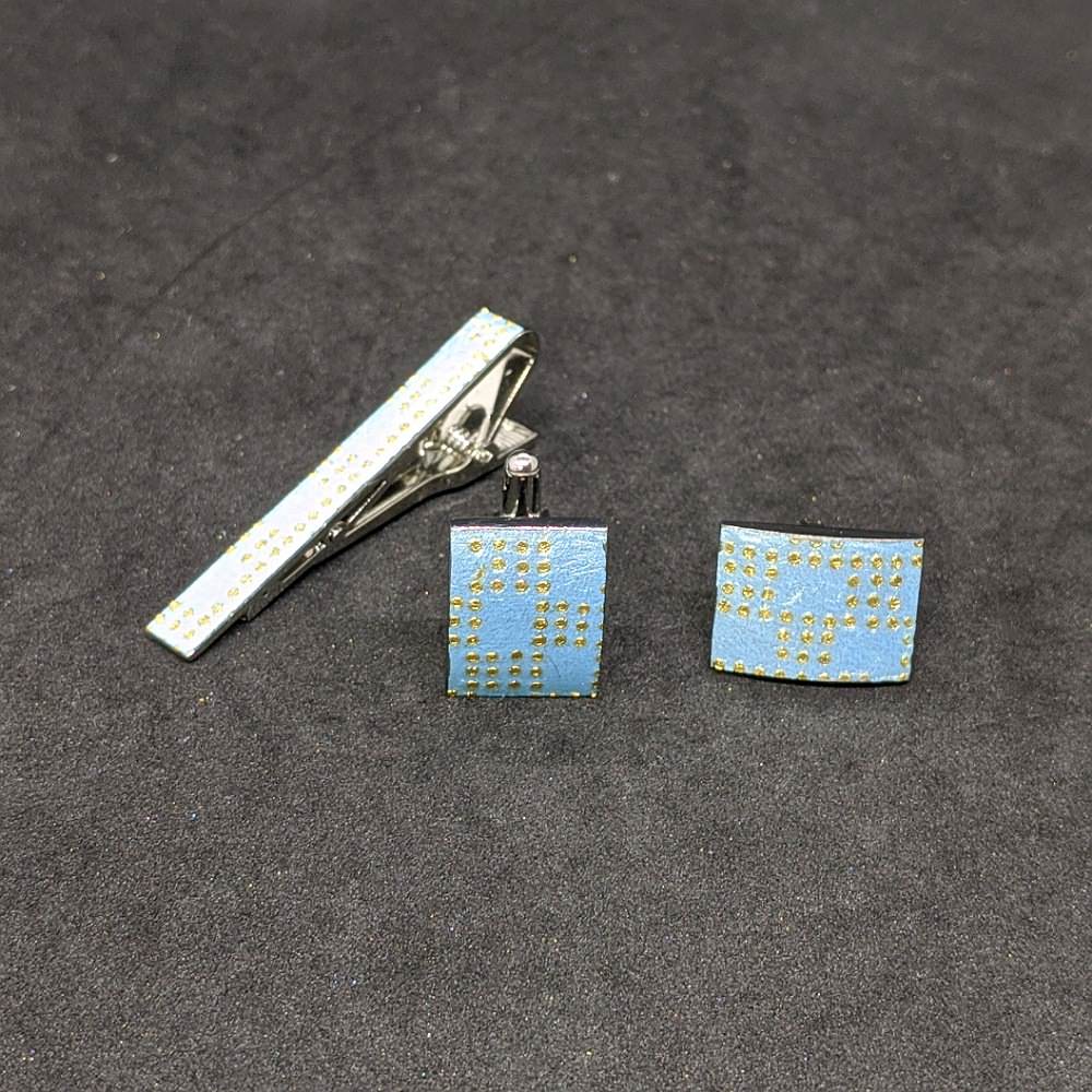 【着物職人手作り 金彩ネクタイピン・カフスボタンセット】ブルー Nsplus 19668 【結婚式 カフス タイピン 小物】