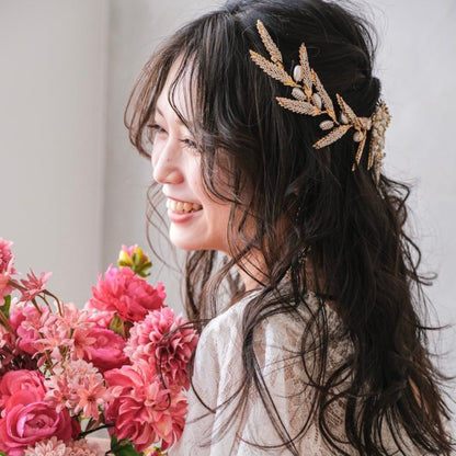 ブライダルヘッドドレス ビジュー リーフ ボンネ ゴールド s10 【結婚式 ヘアアクセサリー】