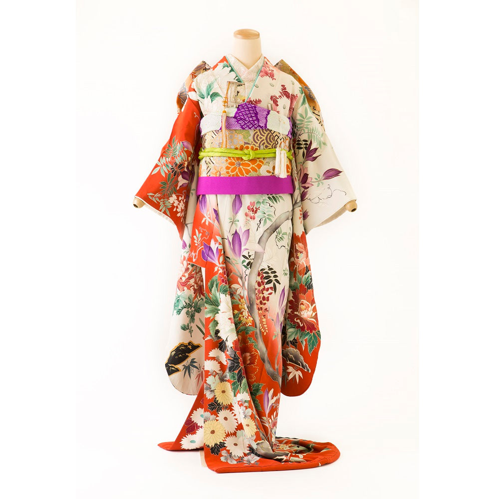 アンティーク復刻振袖 薄グレー地赤ぼかし/牡丹と木蓮 【結婚式 和装 引き振袖 レンタル】