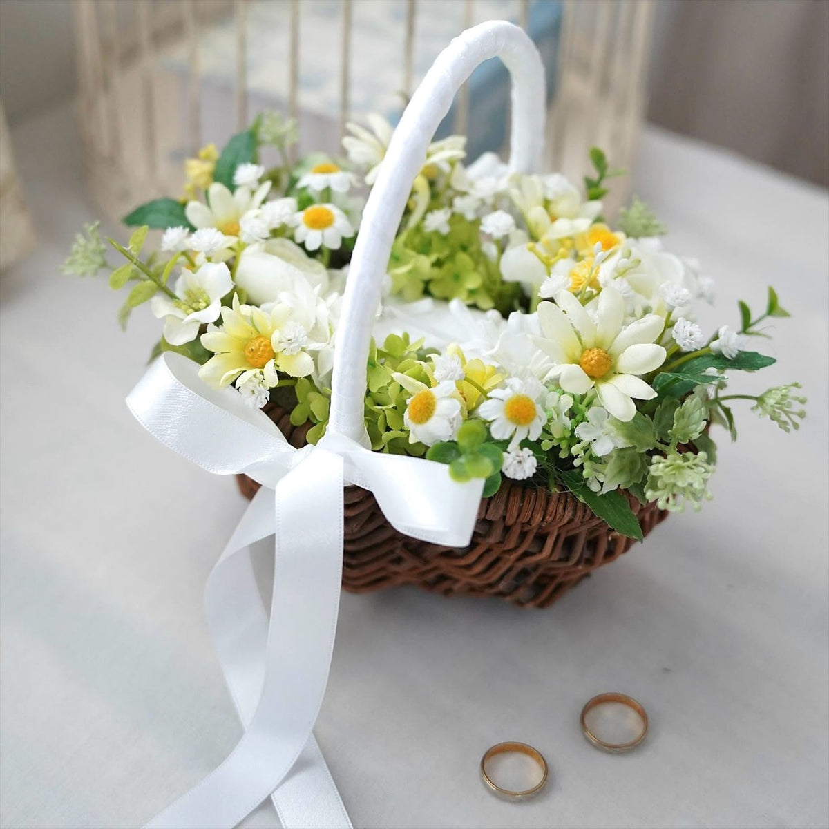 黄色のデージーとカスミソウのリングピロー【結婚式　リングピロー】