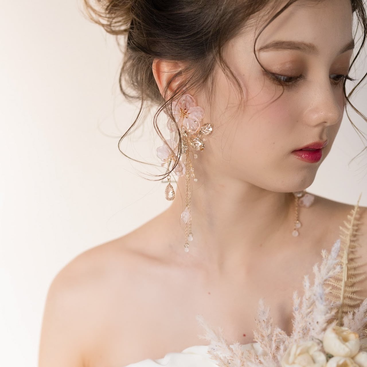 【ピアス】ブライダルピアス 小枝ピアスビーズ ゴールド サクラピンク s23 【結婚式 ピアス イヤリング】