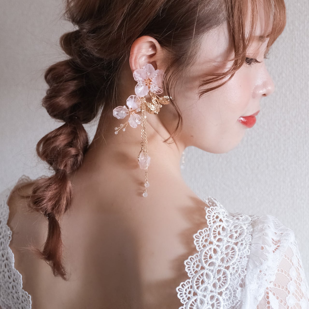 【ピアス】ブライダルピアス 小枝ピアスビーズ ゴールド サクラピンク s23 【結婚式 ピアス イヤリング】