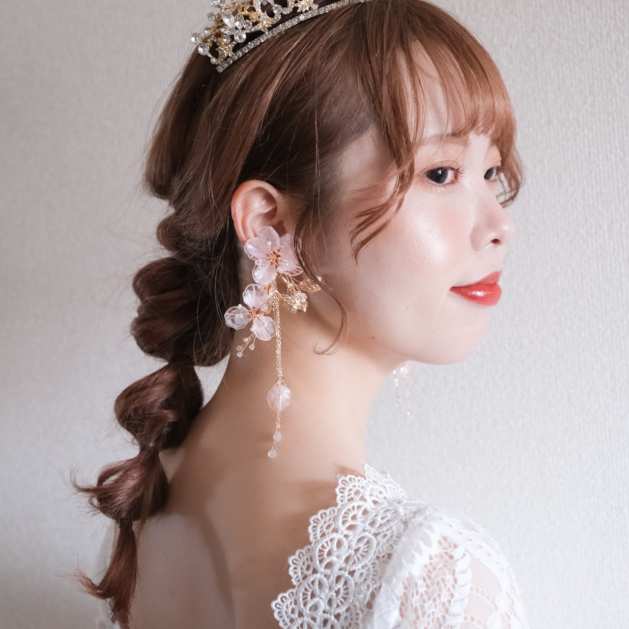 【イヤリング】ブライダルイヤリング 小枝イヤリングビーズ ゴールド サクラピンク s23 【結婚式 ピアス イヤリング】