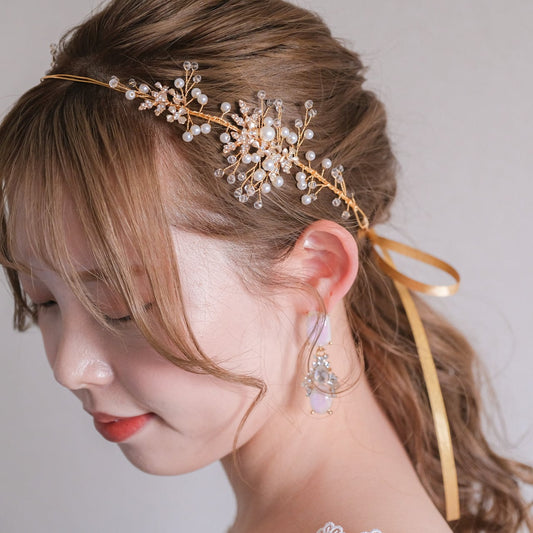 小枝カチューシャ ブライダルヘッドドレス ビジュー パール ゴールド t3 【結婚式 ヘアアクセサリー】