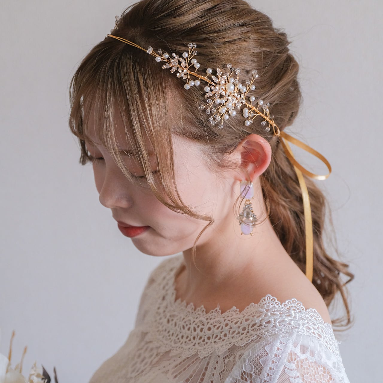 小枝カチューシャ ブライダルヘッドドレス ビジュー パール ゴールド t3 【結婚式 ヘアアクセサリー】