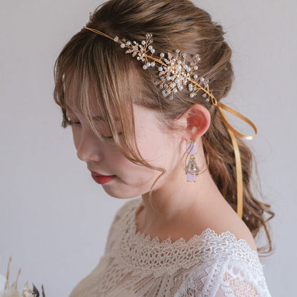小枝カチューシャ ブライダルヘッドドレス ビジュー パール ゴールド t3 【結婚式 ヘアアクセサリー】
