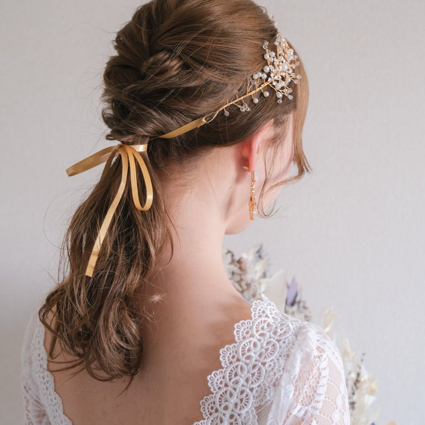 小枝カチューシャ ブライダルヘッドドレス ビジュー パール ゴールド t3 【結婚式 ヘアアクセサリー】