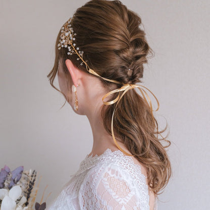 小枝カチューシャ ブライダルヘッドドレス ビジュー パール ゴールド t3 【結婚式 ヘアアクセサリー】