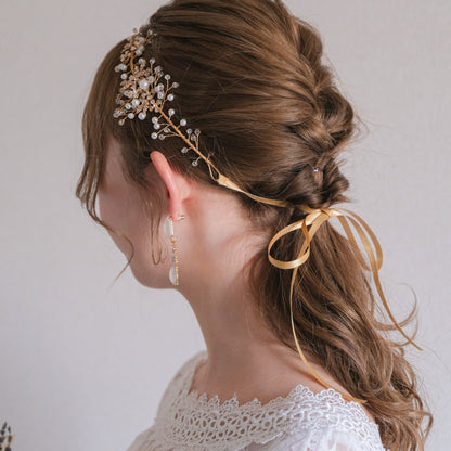 小枝カチューシャ ブライダルヘッドドレス ビジュー パール ゴールド t3 【結婚式 ヘアアクセサリー】