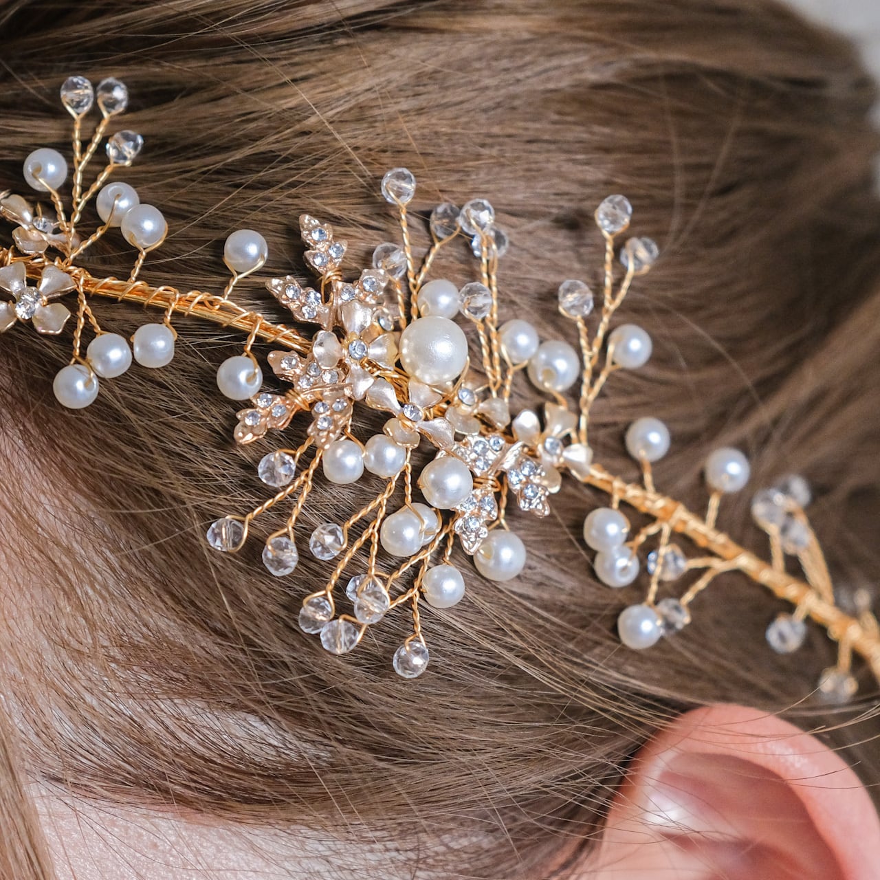 小枝カチューシャ ブライダルヘッドドレス ビジュー パール ゴールド t3 【結婚式 ヘアアクセサリー】