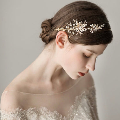 小枝カチューシャ ブライダルヘッドドレス ビジュー パール ゴールド t3 【結婚式 ヘアアクセサリー】