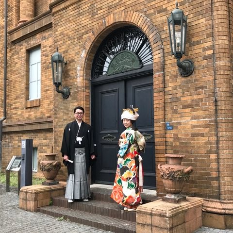 アンティーク振袖　黒地/菱紋に松と鶴 【結婚式　和装　引き振袖　レンタル】