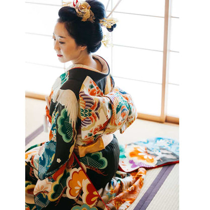 アンティーク振袖 黒地/菱紋に松と鶴 【結婚式 和装 引き振袖 レンタル】