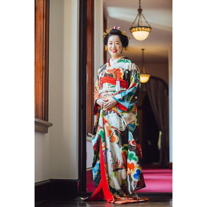 アンティーク振袖 黒地/菱紋に松と鶴 【結婚式 和装 引き振袖 レンタル】