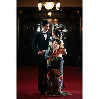 アンティーク振袖 黒地/菱紋に松と鶴 【結婚式 和装 引き振袖 レンタル】