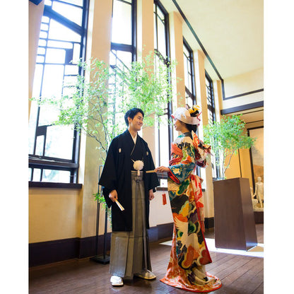 アンティーク振袖 黒地/菱紋に松と鶴 【結婚式 和装 引き振袖 レンタル】