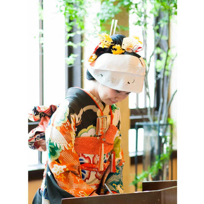 アンティーク振袖 黒地/菱紋に松と鶴 【結婚式 和装 引き振袖 レンタル】